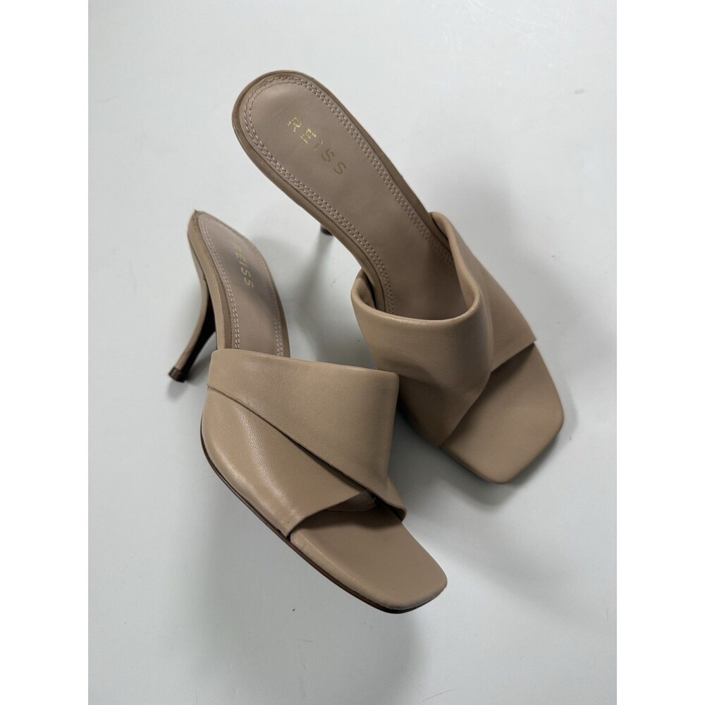 Reiss Beaumont Leather Mule 38 7.5 Heels Folded Tan Beige Stiletto Peep Toe